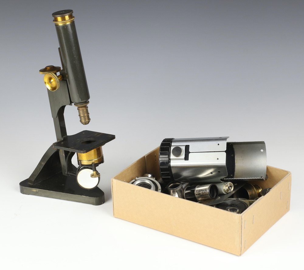 R & J Beck London, a student's single pillar microscope marked 23892 together with lenses and
