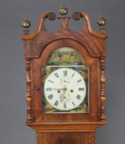 An 18th Century 8 day striking longcase clock, the 30cm arched dial decorated cricket and hunting