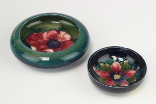 William Moorcroft a dish decorated with anemone with impressed and signature mark 10cm and a blue