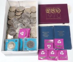 Two 1970 proof sets of coins and a collection of 1981 Royal Wedding crowns, various Churchill