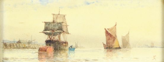 Frederick James Aldridge (British 1850-1933) sailing ship and Thames barges, watercolour,