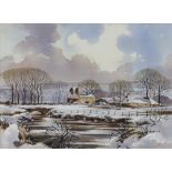 Isobel M Castle, watercolours, a set of 3 Kentish winter scenes, 40.5cm h x 55.5cm w and a pair 13.