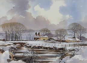 Isobel M Castle, watercolours, a set of 3 Kentish winter scenes, 40.5cm h x 55.5cm w and a pair 13.