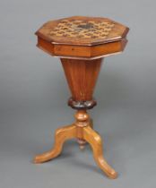 A Victorian inlaid figured walnut work box of conical form, the lid inlaid a chessboard, raised on a