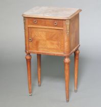 A 19th Century French inlaid Kingwood bedside cabinet with pink veined marble top, fitted a drawer