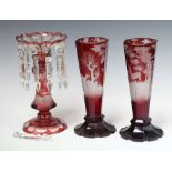 A pair of 19th Century octagonal Bohemian red overlay glasses vases decorated stags 25cm (chips to