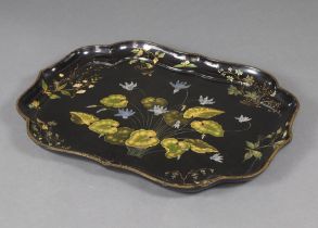A large and impressive Victorian paper-mache tray with bracketed border decorated flowers 61cm x