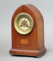 A French 8 day striking mantel clock with 11cm circular gilt dial, Arabic numerals, contained in