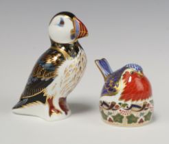 Two Royal Crown Derby Imari pattern paperweights - Robin nesting with gold stopper 7cm, puffin