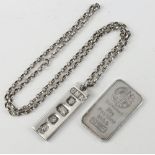 A silver ingot pendant London 1977 hung on a silver belcher link chain, together with a silver ingot