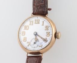 A Denco wristwatch with enamelled dial Arabic numerals, contained in a 9ct gold case, the reverse