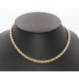 A yellow metal 14k rope twist necklace, clasp marked 14k, 37cm, 27.1 grams