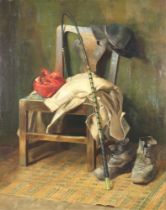 19th Century oil on canvas unsigned, interior scene of a Georgian chair, coat, hat, tied