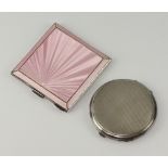 A square silver and pink enamelled compact Birmingham 1948 together with a circular ditto with