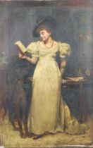 Oil painting on canvas, a Victorian portrait of a lady reading to a wolfhound, unframed and unsigned