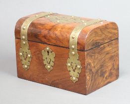 A Victorian figured walnut and brass banded dome shaped twin compartment tea caddy 14cm h x 20cm w x