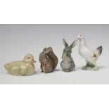 Two Royal Copenhagen figures - rabbit 1019 8cm, squirrel 982 7cm, 2 B and G figures - chicken 10cm
