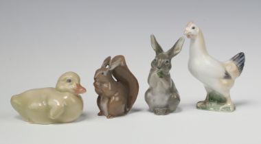Two Royal Copenhagen figures - rabbit 1019 8cm, squirrel 982 7cm, 2 B and G figures - chicken 10cm