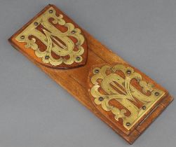 A Victorian mahogany and brass banded book slide 32cm with arched panelled ends