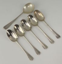 A matched set of 5 Victorian fiddle pattern rat tail pudding spoons - 2 London 1870, 3 London 1805