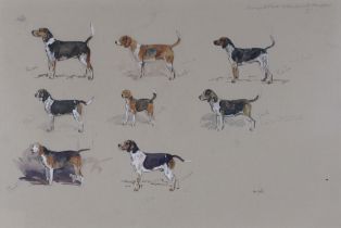 **Michael Lyne (1912-1989), gouache of Worcester Park and Buckland Beagles, 1951, inscribed in