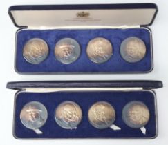 Two cased sets of 4 1974 limited edition silver Churchill medallions by Toye Kenning and Spencer,