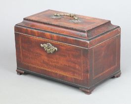 A rectangular 19th Century inlaid and crossbanded mahogany 3 compartment tea caddy with hinged lid