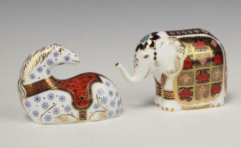 Two Royal Crown Derby Imari pattern paperweights - seated horse with gold stopper L111 8cm, elephant