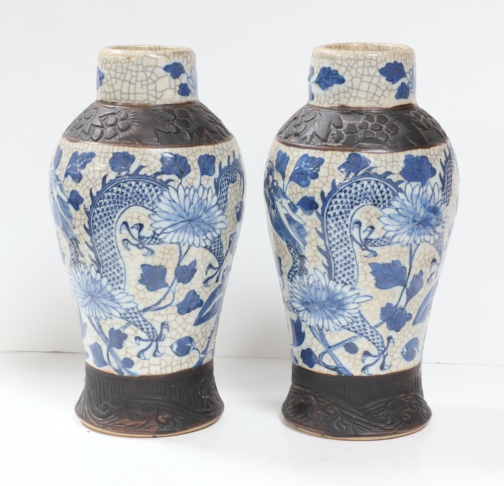 A pair of Japanese crackle glazed vases decorated dragons 25cm - Image 3 of 7