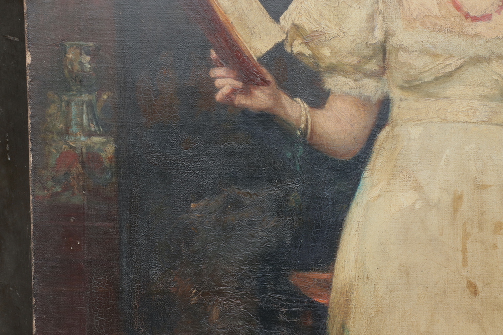 Oil painting on canvas, a Victorian portrait of a lady reading to a wolfhound, unframed and unsigned - Image 4 of 11