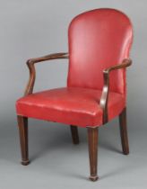 A 19th Century style mahogany library chair the back and seat upholstered in red material, on square