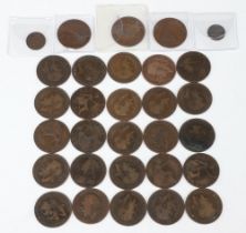 A Victorian 1844 half farthing and an 1839 fourpence together with 23 Heaton pennies, 3 Kings Norton