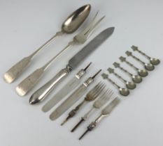 A pair of Sterling fiddle pattern salad servers, 186 grams, a silver handled cake knife, 6