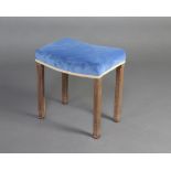 An Elizabeth II limed oak Coronation stool by Waring & Gillow re-upholstered in blue velvet and gold