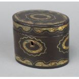 A Regency oval black lacquered tea caddy with swag decoration 11cm x 14cm x 10cm