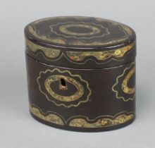 A Regency oval black lacquered tea caddy with swag decoration 11cm x 14cm x 10cm