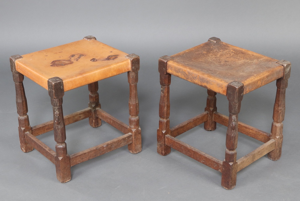 Robert "Mouseman" Thompson of Kilburn, a pair of oak stools, raised on octagonal turned and block