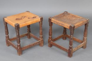 Robert "Mouseman" Thompson of Kilburn, a pair of oak stools, raised on octagonal turned and block
