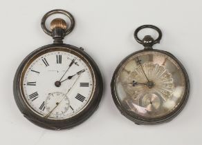 An unnamed fusee key wind fob watch in a silver case together with a keyless open faced pocket watch