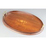 An Edwardian oval inlaid mahogany twin handled tea tray with floral decoration 5cm x 46cm x 36cm