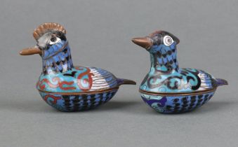 A pair of miniature cloisonne enamelled trinket boxes in the form of seated ducks 5cm x 5cm x 3cm
