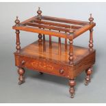 A Victorian inlaid mahogany 3 section Canterbury the base fitted a drawer, raised on turned supports