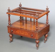 A Victorian inlaid mahogany 3 section Canterbury the base fitted a drawer, raised on turned supports