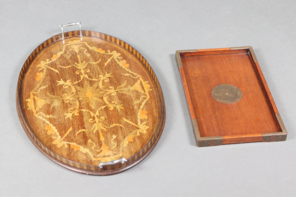 An Edwardian inlaid mahogany twin handled tea tray 3cm h x 67cm w x 44cm d together with a