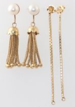 A pair of yellow metal pearl drop earrings with rope decoration together with a pair of yellow metal