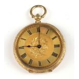 A Continental open faced key wind fob watch with gilt dial and Roman numerals, contained in a yellow