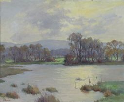 R Green, English 21st Century oil on board, landscape "Floodwater, Pulborough" signed R. Green, 44cm