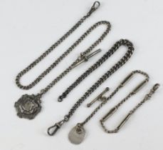 A silver curb link watch chain 22cm, a silver curb link watch chain hung a sports medallion 37cm,