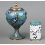 A Japanese cloisonne blue ground globular shaped jar and cover, raised on a waisted column decorated