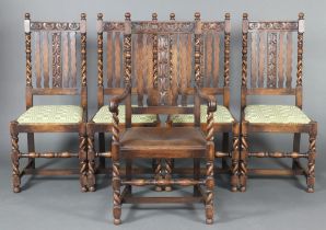 A set of 5 1920's stick and rail back dining chairs with spiral turned columns to the sides